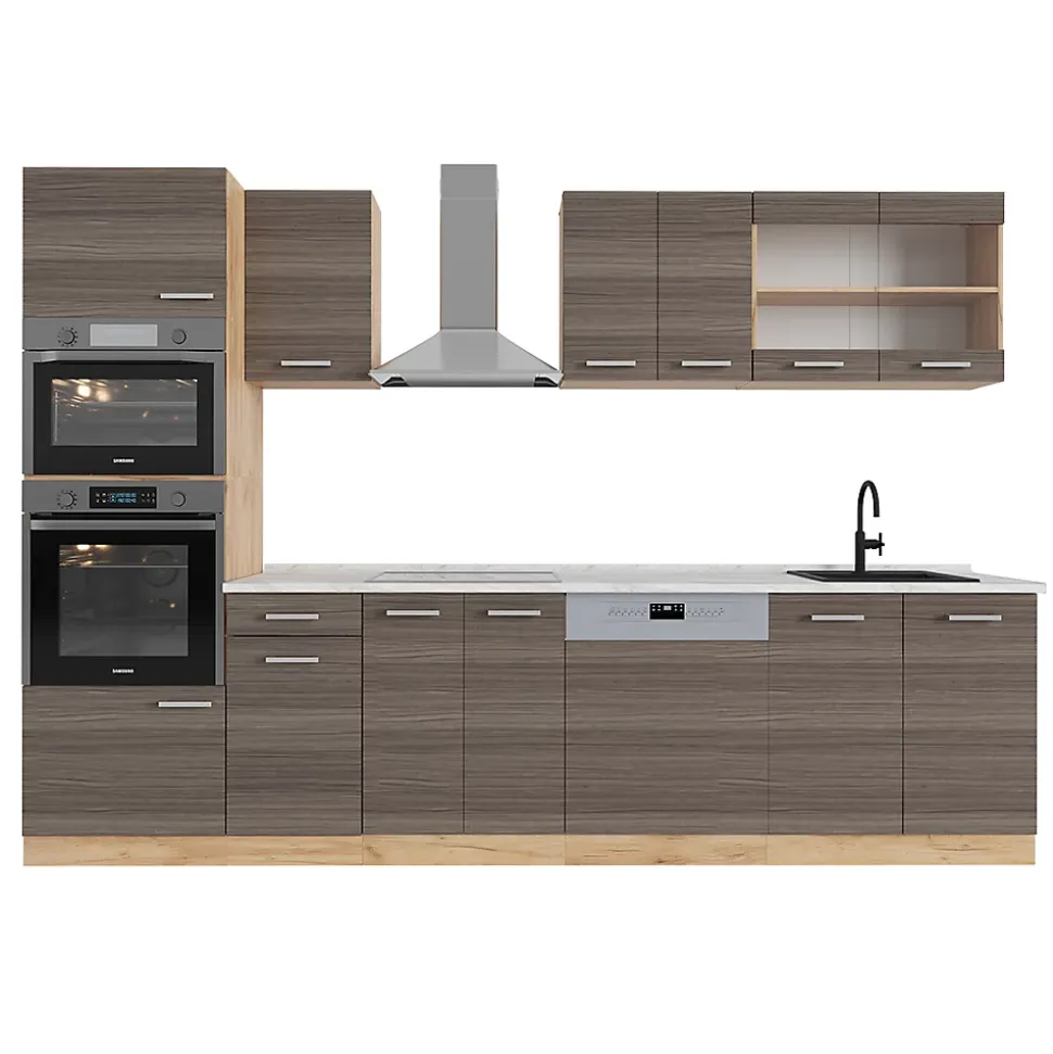 Vicco Cuisine gris noble/chêne doré 300cm avec armoire haute, PT Marbre