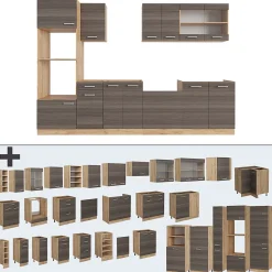 Vicco Cuisine gris noble/chêne doré 300cm avec armoire haute, PT Marbre