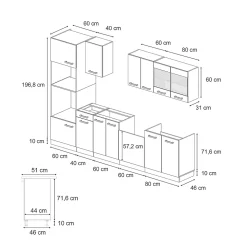 Vicco Cuisine gris noble/chêne doré 300cm avec armoire haute, PT Marbre