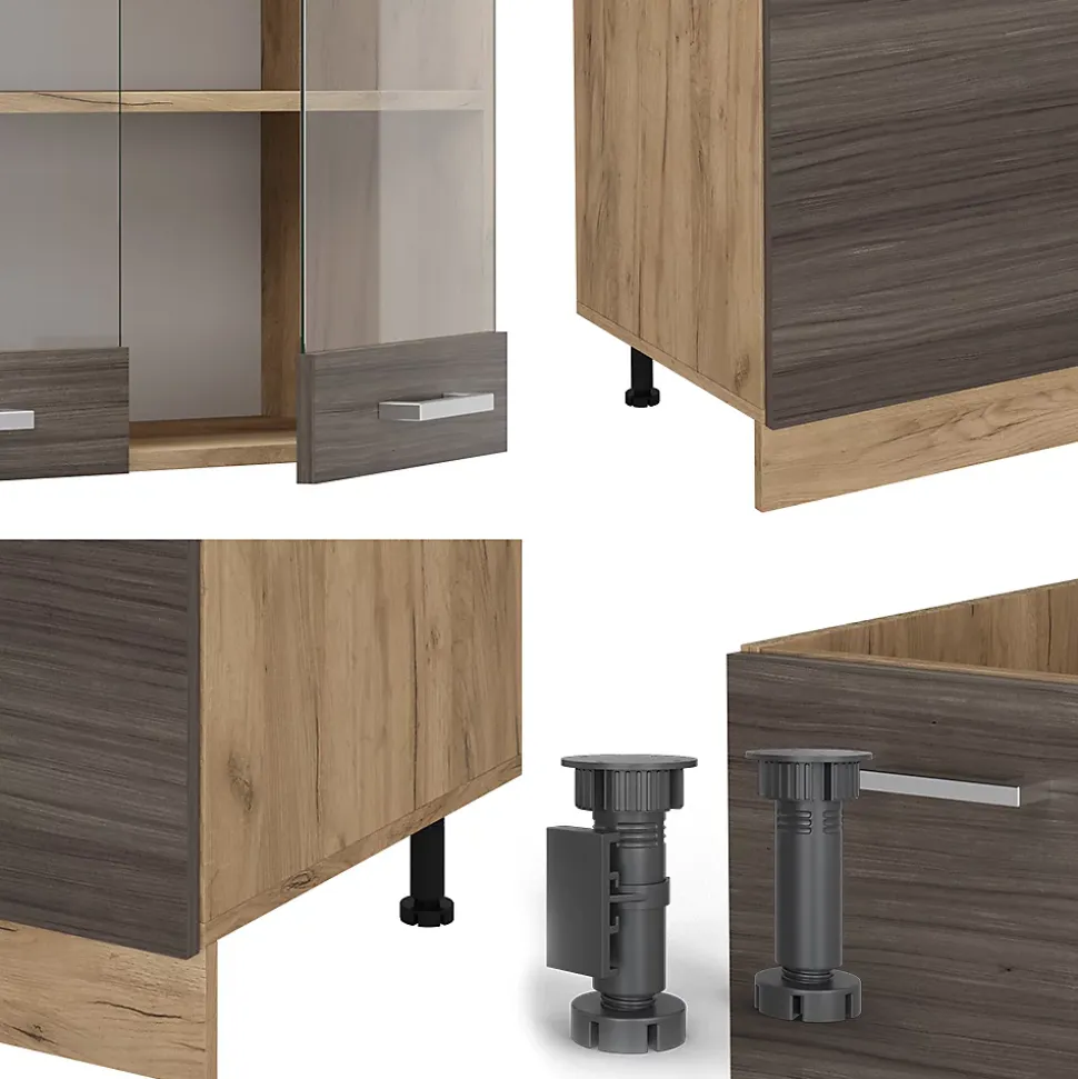 Vicco Cuisine gris noble/chêne doré 300cm avec armoire haute, PT Marbre