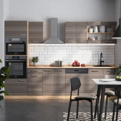 Vicco Cuisine gris noble/chêne doré 300cm avec armoire haute, sans PT