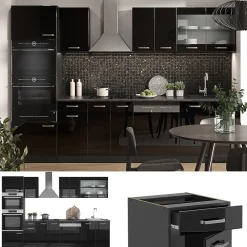 Vicco Cuisine Noir brillant/Anthracite 300cm avec armoire haute, PT Anthracite