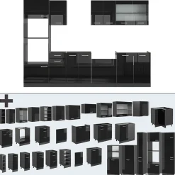 Vicco Cuisine Noir brillant/Anthracite 300cm avec armoire haute, PT Anthracite