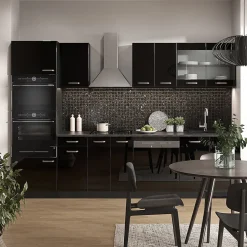 Vicco Cuisine Noir brillant/Anthracite 300cm avec armoire haute, PT Marbre