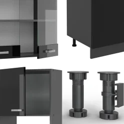 Vicco Cuisine Noir brillant/Anthracite 300cm avec armoire haute, PT Marbre