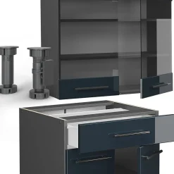 Vicco Cuisine pour une personne Bleu foncé brillant/Anthracite 140cm , PT Chêne