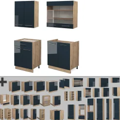 Vicco Cuisine pour une personne bleu foncé brillant/chêne doré 140cm , PT Marbre