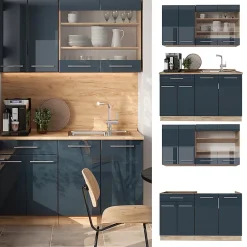 Vicco Cuisine pour une personne bleu foncé brillant/chêne doré 140cm , PT Chêne