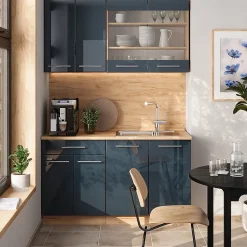 Vicco Cuisine pour une personne bleu foncé brillant/chêne doré 140cm , PT Chêne