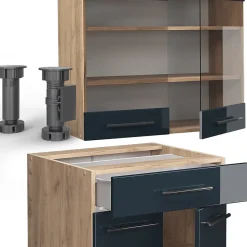 Vicco Cuisine pour une personne bleu foncé brillant/chêne doré 140cm , PT Chêne