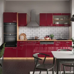 Vicco Cuisine Rouge brillant/Chêne doré 300cm avec armoire haute, PT Anthracite