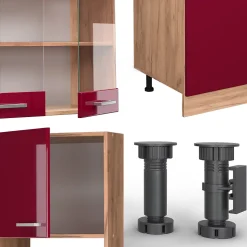 Vicco Cuisine Rouge brillant/Chêne doré 300cm avec armoire haute, PT Anthracite