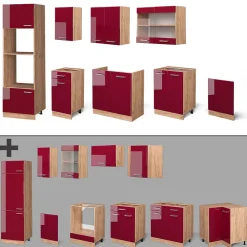 Vicco Cuisine Rouge brillant/Chêne doré 300cm avec armoire haute, PT Anthracite