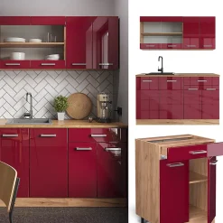 Vicco Cuisine Rouge brillant/Chêne doré 140cm , PT Marbre