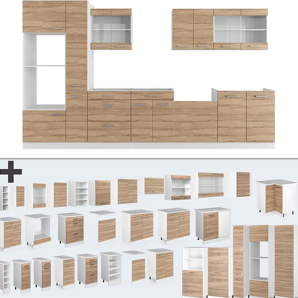 Vicco Cuisine Sonoma/blanc 350cm avec armoire haute, PT Anthracite