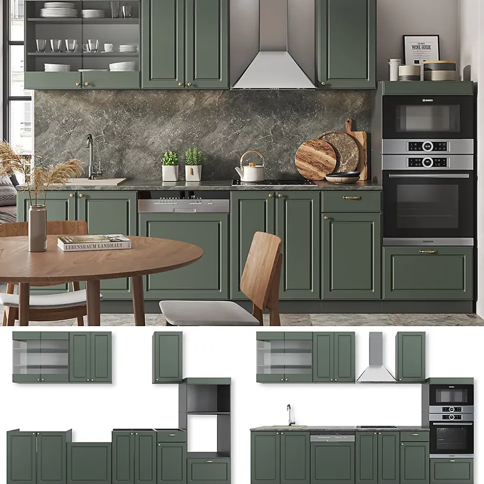 Vicco Cuisine Vert et or campagne/anthracite 300cm avec armoire haute, sans PT