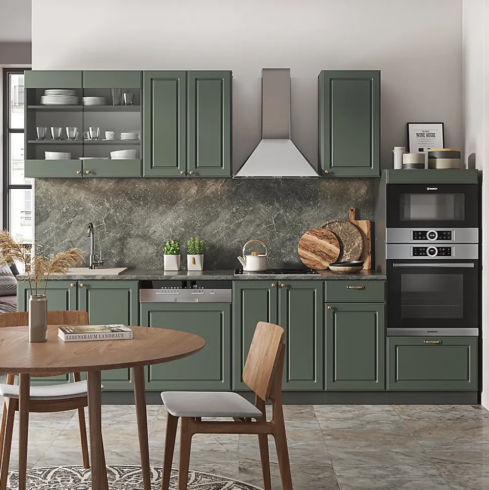 Vicco Cuisine Vert et or campagne/anthracite 300cm avec armoire haute, PT Chêne