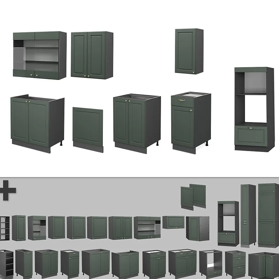 Vicco Cuisine Vert et or campagne/anthracite 300cm avec armoire haute, PT Chêne