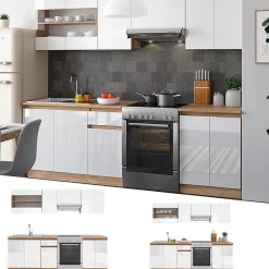 Vicco Ligne de cuisine Blanc 240cm , PT Sonoma avec bande LED