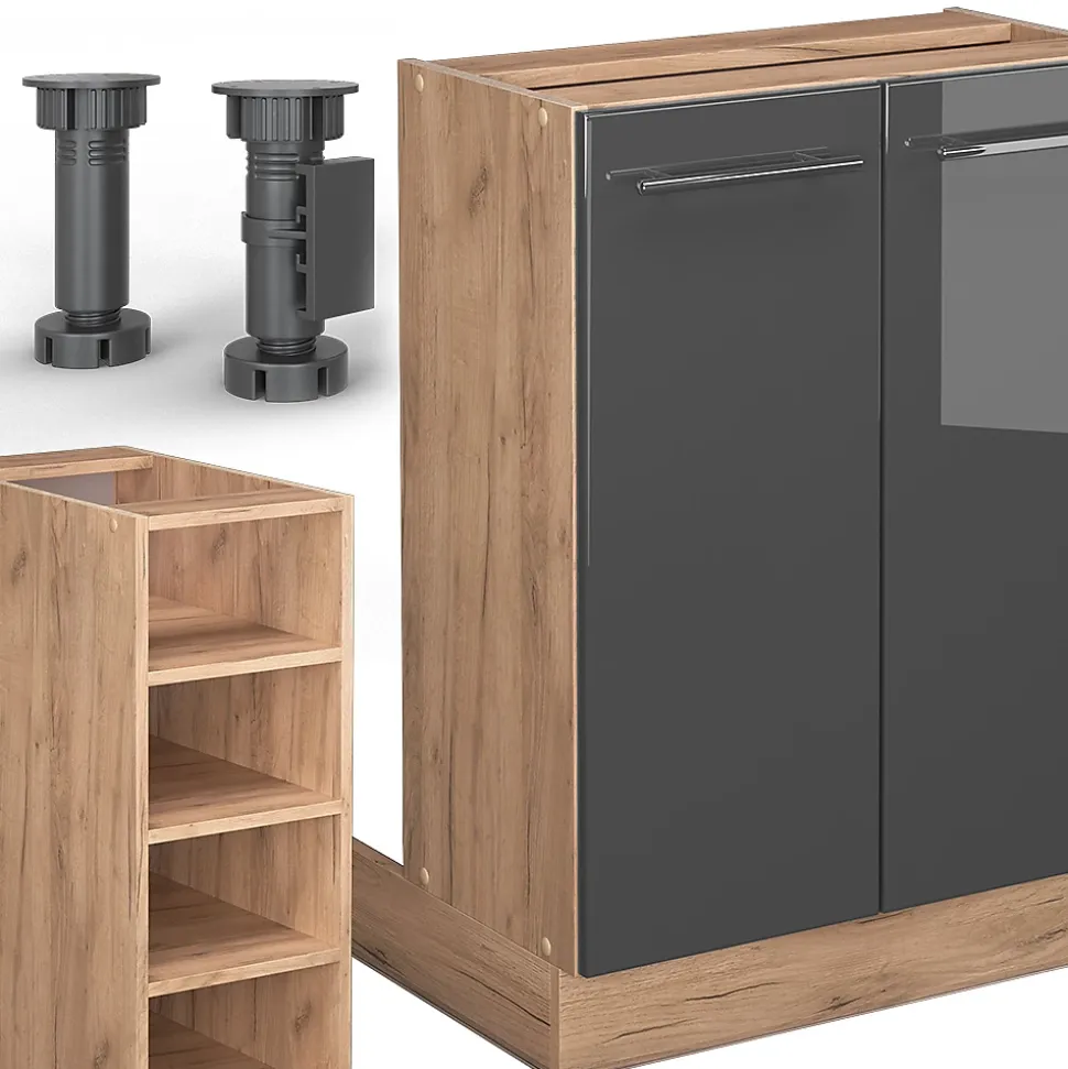 Vicco Îlot de cuisine Anthracite brillant/Chêne doré 90cm sans PT