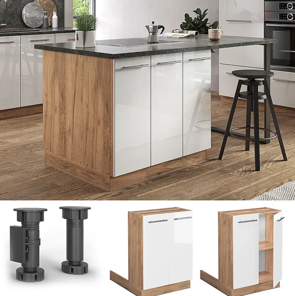 Vicco Îlot de cuisine Blanc Haute brillance 60cm sans PT