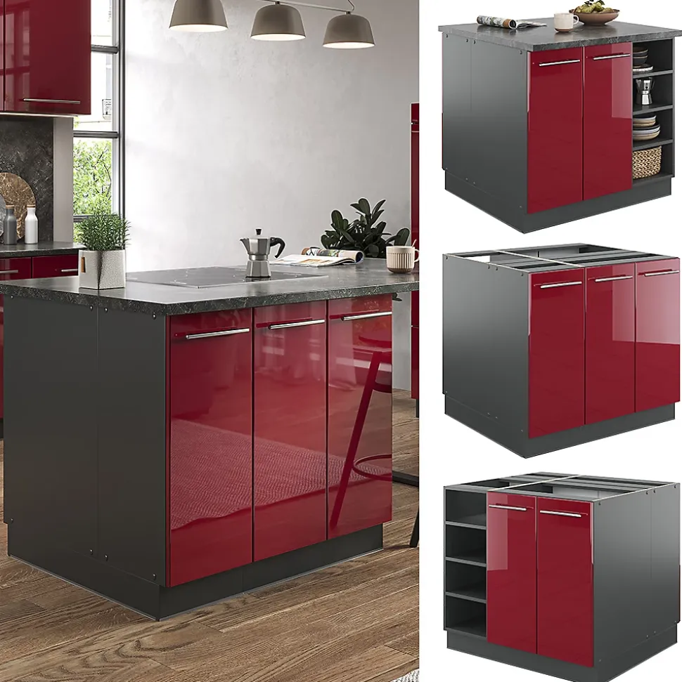 Vicco Îlot de cuisine Bordeaux haute brillance/anthracite 90cm sans PT