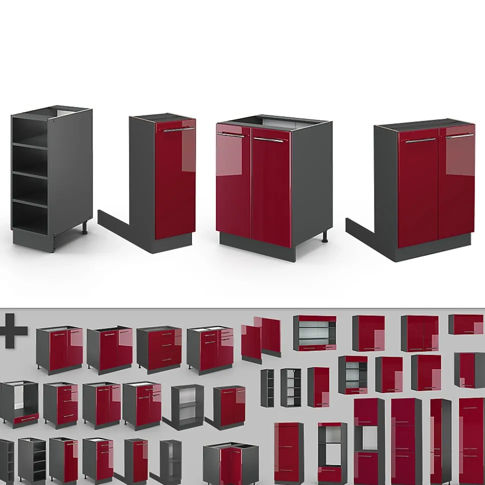 Vicco Îlot de cuisine Bordeaux haute brillance/anthracite 90cm sans PT