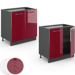 Vicco Meuble bas sous-évier Rouge bordeaux Haute brillance 80cm avec étagère, sans PT