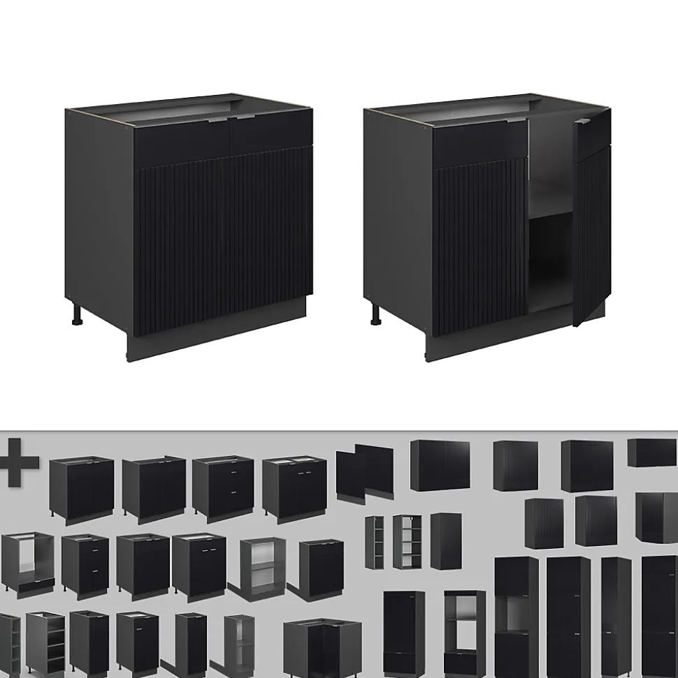 Vicco Meuble bas sous-évier Noir rayé 80cm avec étagère, PT Chêne