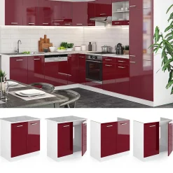Vicco Meuble bas sous-évier Rouge brillant 80cm , PT Marbre