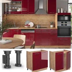 Vicco Meuble bas sous-évier Rouge bordeaux Haute brillance 80cm sans PT