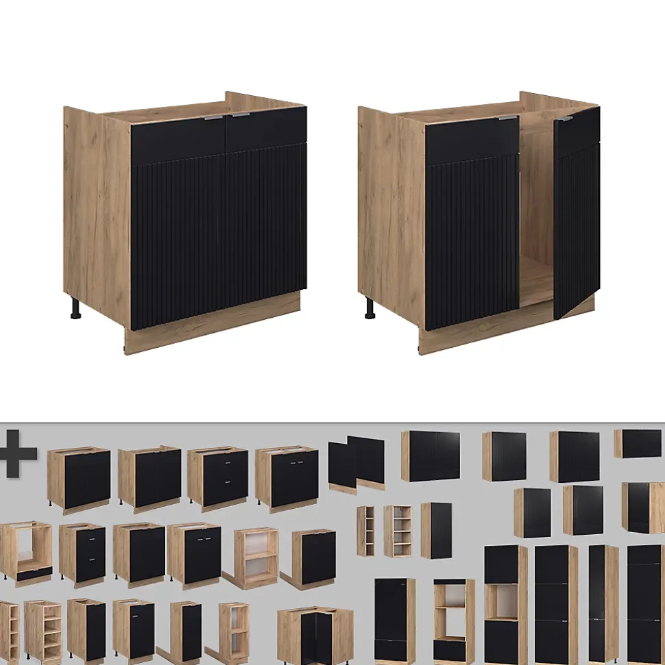 Vicco Meuble bas sous-évier Noir rayé 80cm sans PT