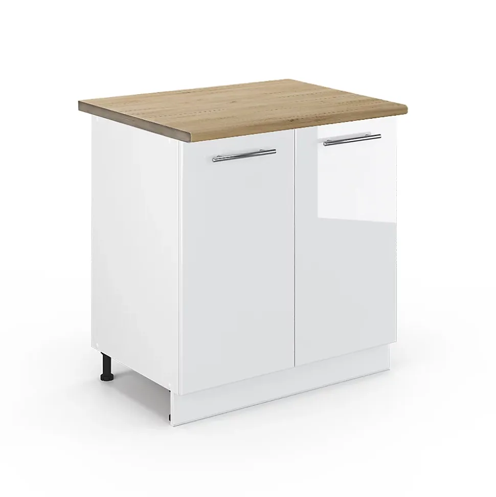 Vicco Meuble bas sous-évier Blanc Haute brillance 80cm avec étagère, PT Chêne