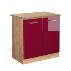 Vicco Meuble bas sous-évier Rouge brillant 80cm , PT Chêne