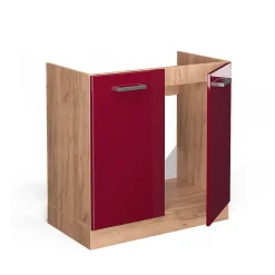 Vicco Meuble bas sous-évier Rouge brillant 80cm , PT Chêne