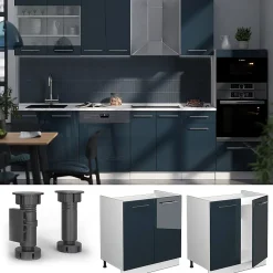 Vicco Meuble bas sous-évier Bleu foncé brillant 80cm sans PT