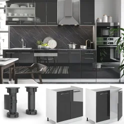 Vicco Meuble bas sous-évier Anthracite Haute brillance 80cm sans PT