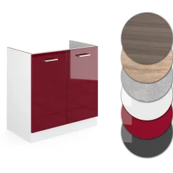 Vicco Meuble bas sous-évier Rouge brillant 80cm , PT Chêne