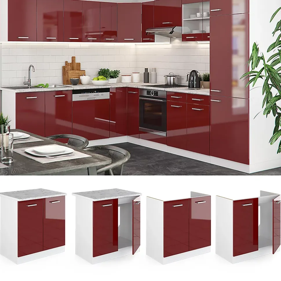 Vicco Meuble bas sous-évier Rouge brillant 80cm , PT Chêne