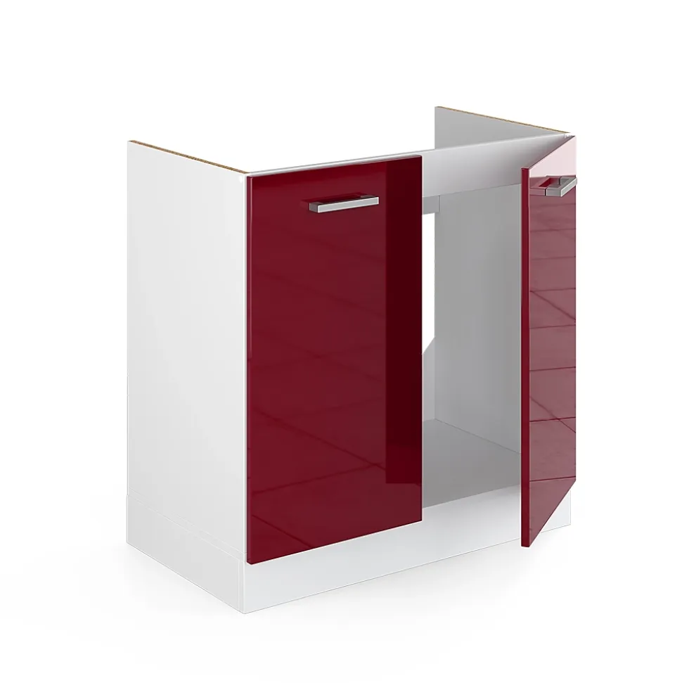 Vicco Meuble bas sous-évier Rouge brillant 80cm , PT Chêne