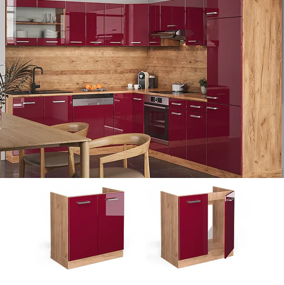 Vicco Meuble bas sous-évier Rouge brillant 80cm sans PT