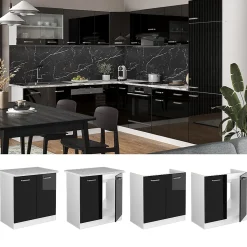 Vicco Meuble bas sous-évier Noir Haute brillance 80cm , PT Marbre