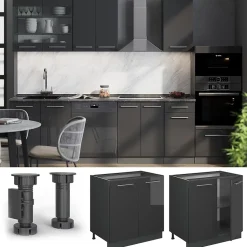 Vicco Meuble bas sous-évier Anthracite Haute brillance 80cm avec étagère, PT Anthracite