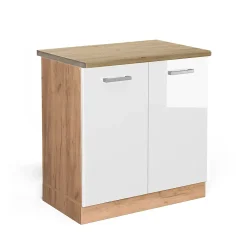 Vicco Meuble bas sous-évier Blanc Haute brillance 80cm , PT Chêne