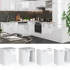 Vicco Meuble bas sous-évier Blanc Haute brillance 80cm , PT Marbre