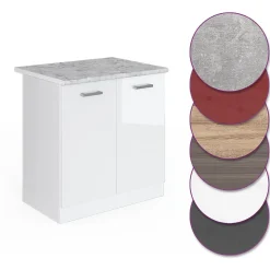 Vicco Meuble bas sous-évier Blanc Haute brillance 80cm , PT Marbre