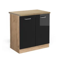 Vicco Meuble bas sous-évier Noir Haute brillance 80cm , PT Chêne