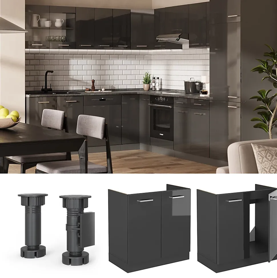 Vicco Meuble bas sous-évier Anthracite Haute brillance 80cm PT Marbre