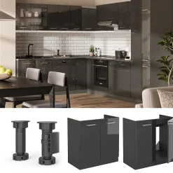 Vicco Meuble bas sous-évier Anthracite Haute brillance 80cm sans PT