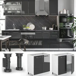 Vicco Meuble bas sous-évier Anthracite Haute brillance 80cm avec étagère, PT Marbre